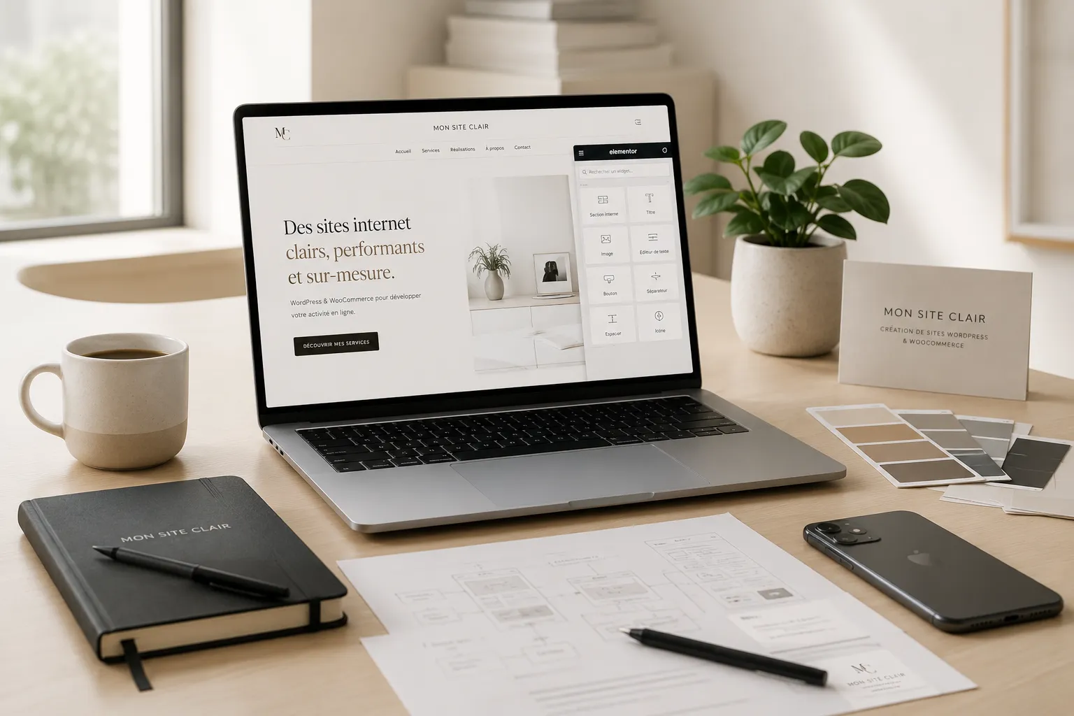 Créer un site internet professionnel avec WordPress dans un espace de travail moderne et lumineux, avec un ordinateur portable affichant la conception d'un site web.
