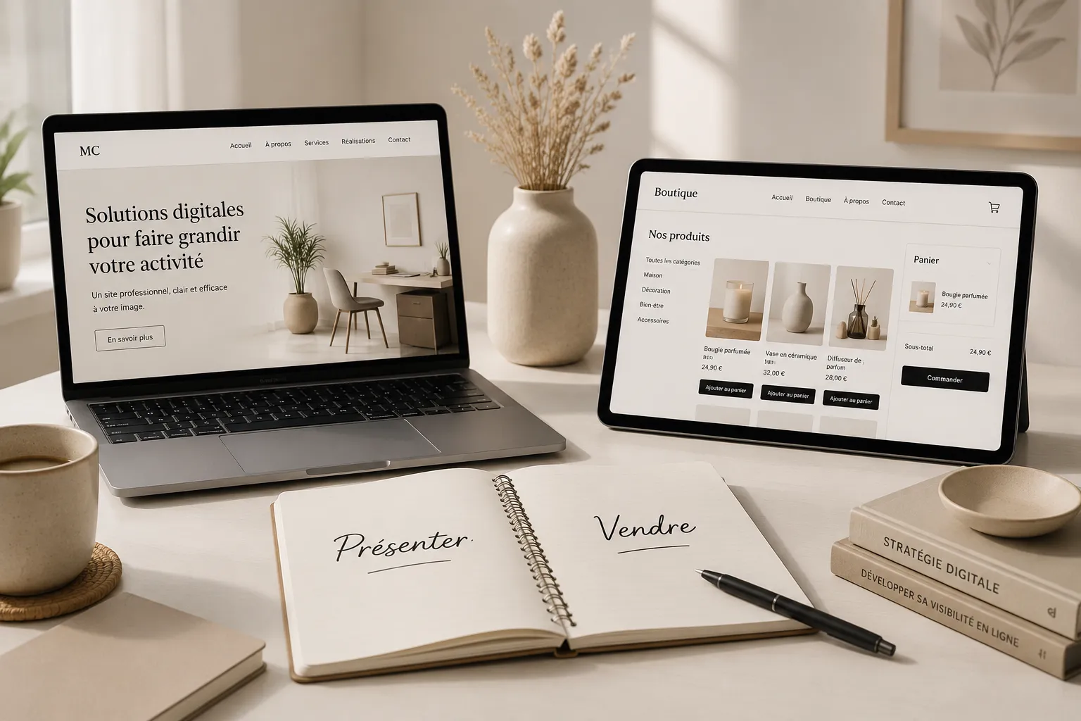 Site vitrine ou boutique en ligne présentés sur un ordinateur et une tablette pour choisir la solution adaptée à son activité